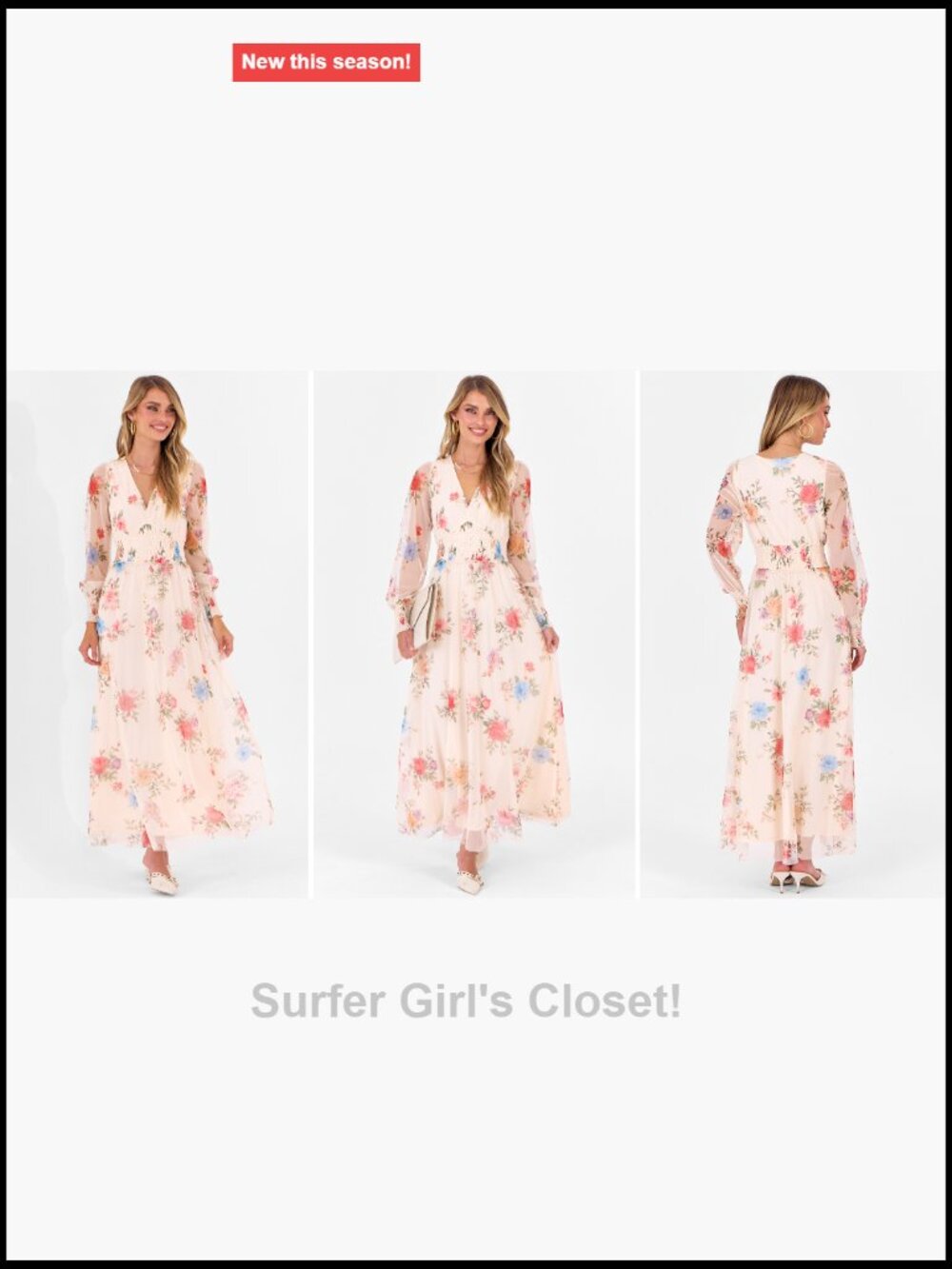 Women's Floral Tulle Long Sleeve V-Neck Maxi Dress - Wedding Guest - Picture 7 of 7